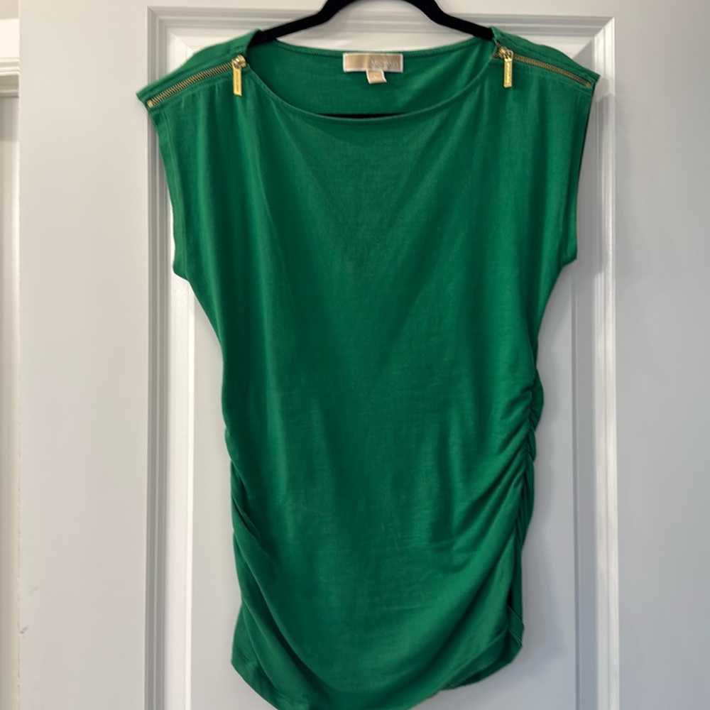 Michael Kors Green Shirt Blouse With Ruched Sides